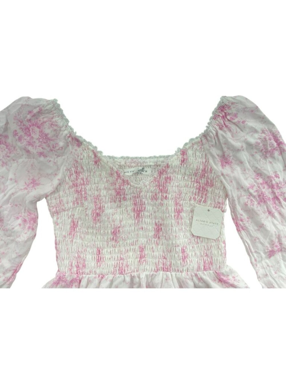 Altar'd State Skirt/Romper Ivory & Pink Floral Smocked Long Sleeve Sz M $82 NEW - Picture 3 of 7